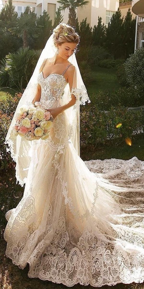 lace sheath romantic bridal gowns with straps full embllishment beige crystal design