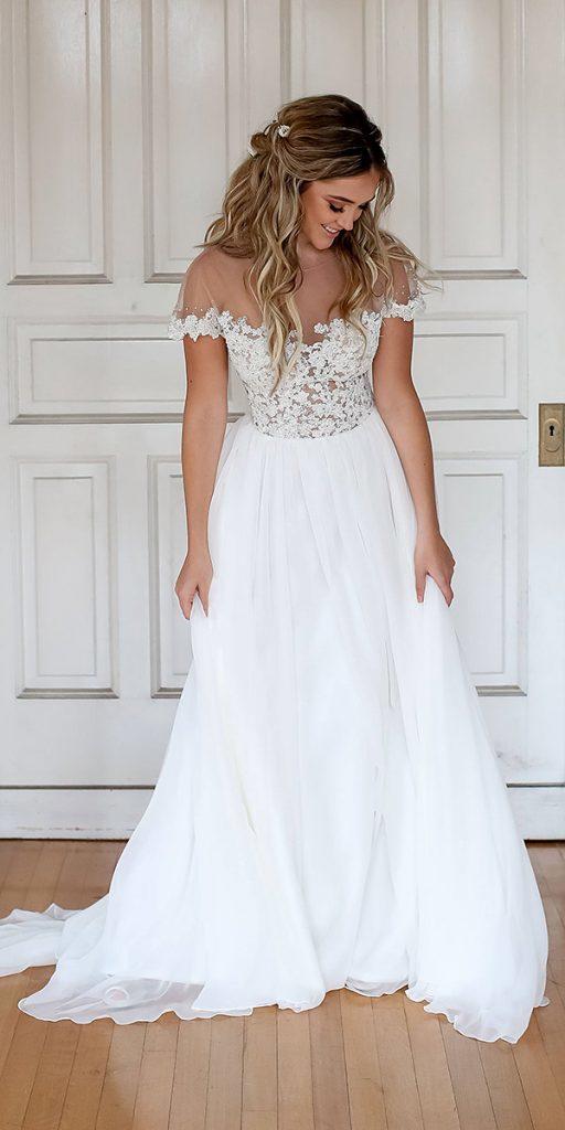  simple wedding dresses with sleeves a line illusion neckline with lace top barbara kavchok