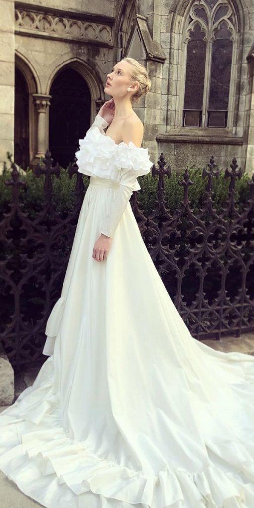 simple wedding dresses with sleeves a line ruffled neckline off the shoulder alonlivnewhite