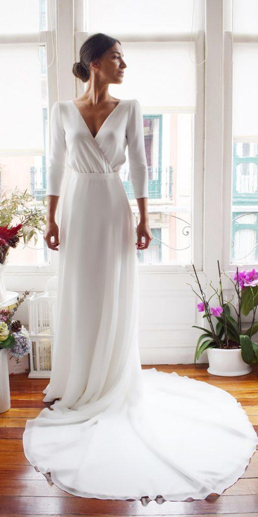 simple wedding dresses with sleeves a line v neckline with train alicia rue daatelier