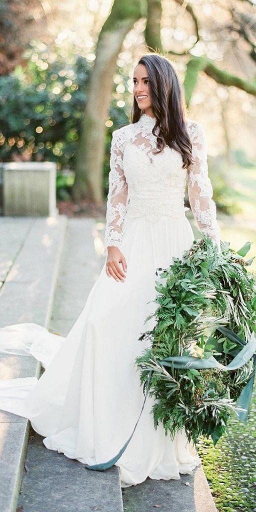 simple wedding dresses with sleeves a line high neck lace magnoliarouge