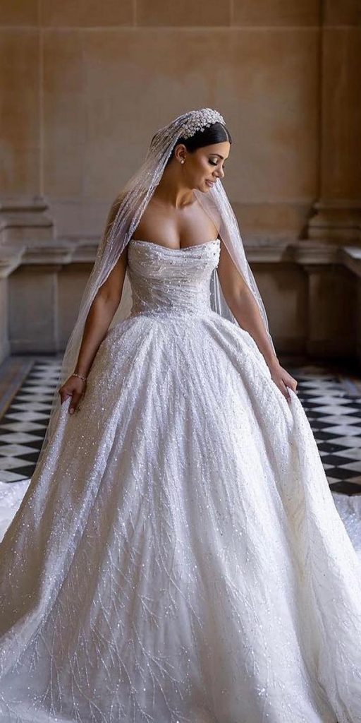 ball gown white elegant gowns strapless neckline sequins leah da gloria