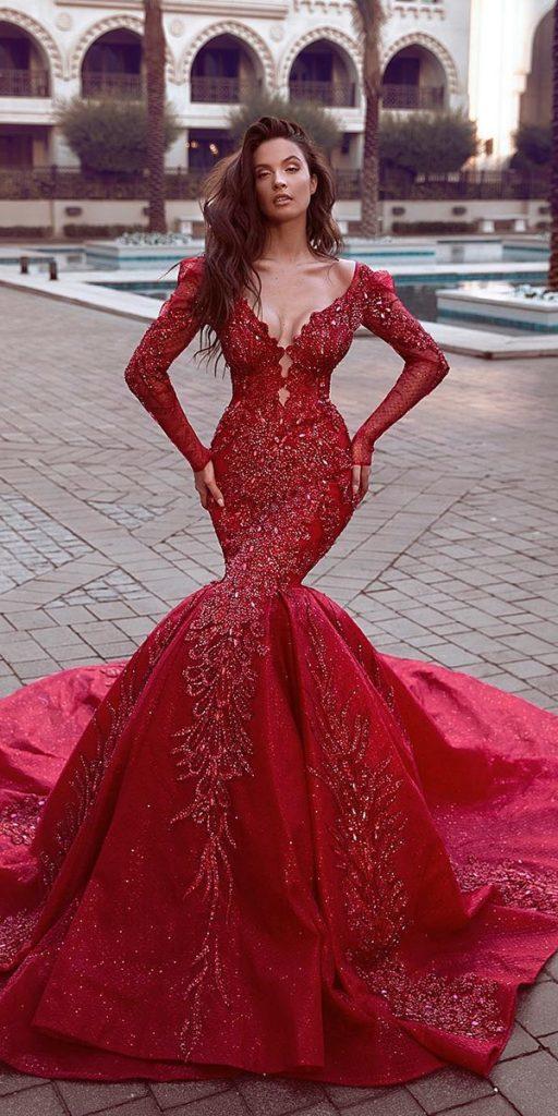  blood red wedding dresses mermais with long sleeves sequins saidmhamadofficial
