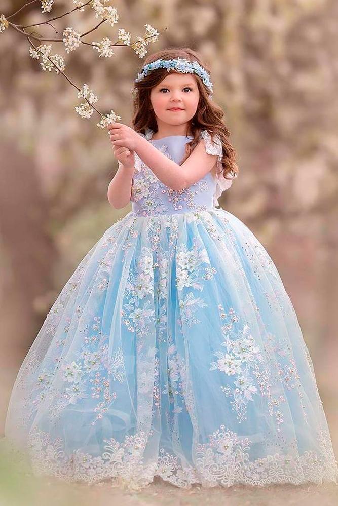 blue ball gown cap sleeves lace flower girl dresses anna triant couture