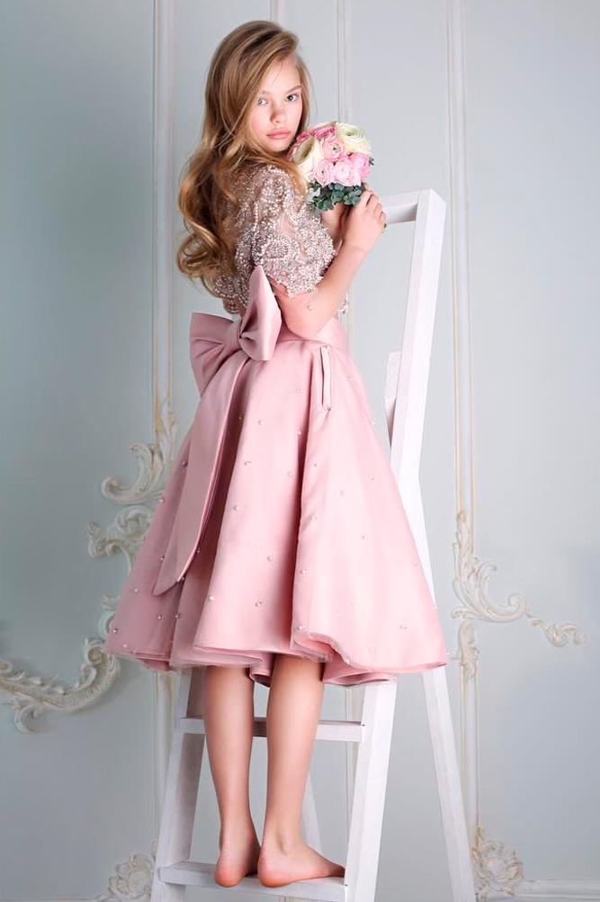 lace flower girl dresses blush a line with sleeves and back bow malyarova olga
