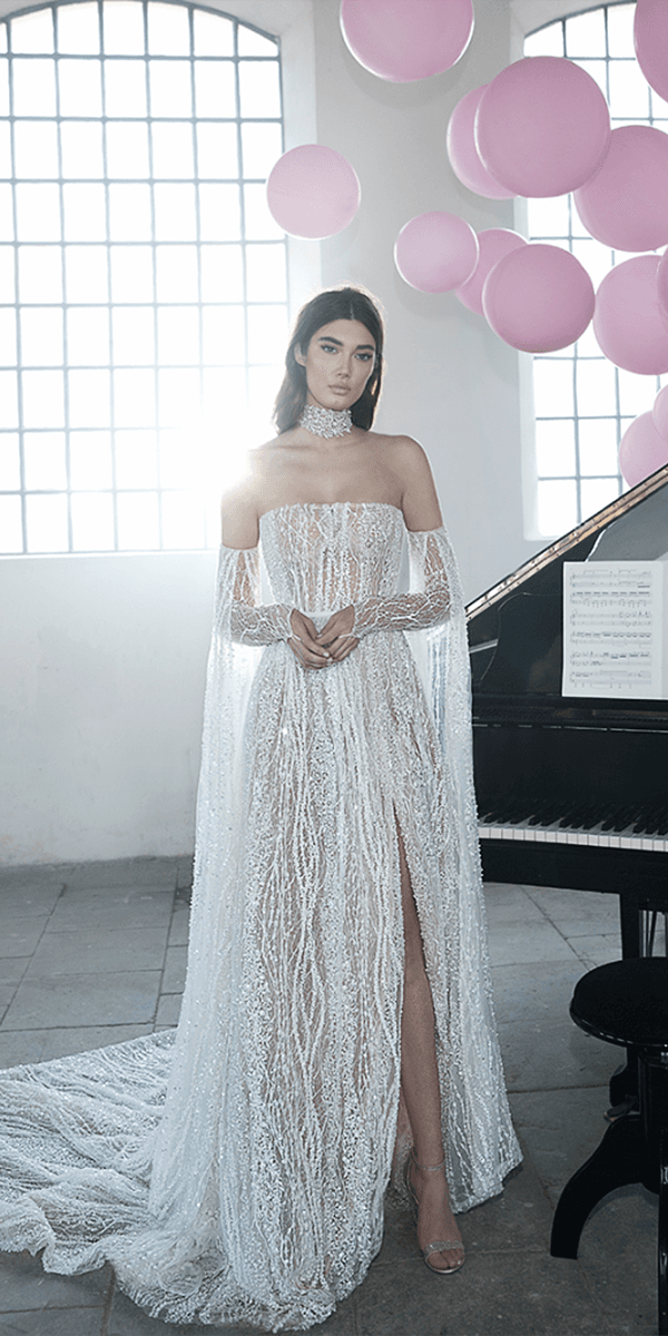lee petra grebenau wedding dresses strapless corset detached sleeves with slit beaded unique lace train 2018