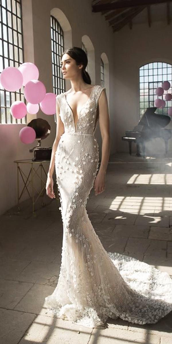 lee petra grebenau wedding dresses trumpet deep v neckline with cap sleeves floral appliques blush