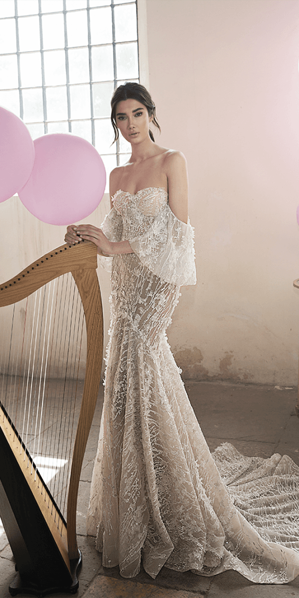 lee petra grebenau wedding dresses trumpet strapless with sleeves unique lace 3d floral