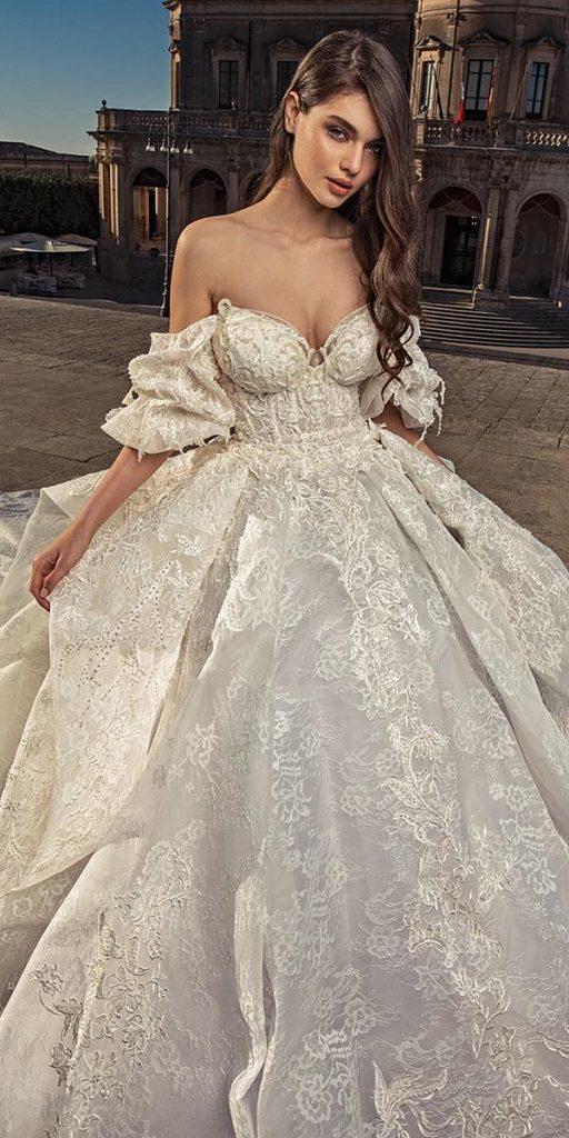  off the shoulder wedding dresses ball gown with puff sleeves lace sweetheart juliakontogruni