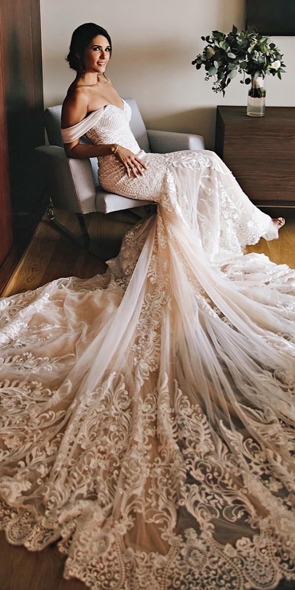 off the shoulder wedding dresses lace luxury with train calla blanche