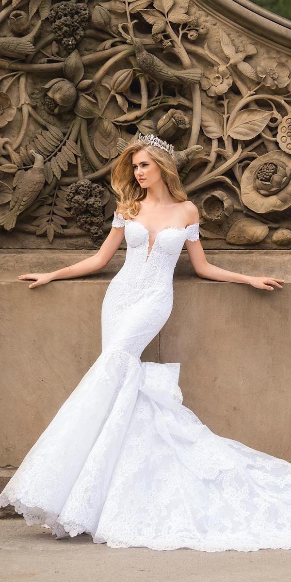 off the shoulder wedding dresses mermaid plunging neckline lace pnina tornai