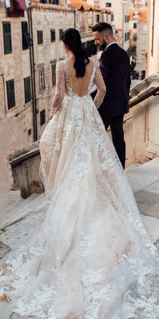  open back wedding dresses ball gown with illusion long sleeves lace millanova 
