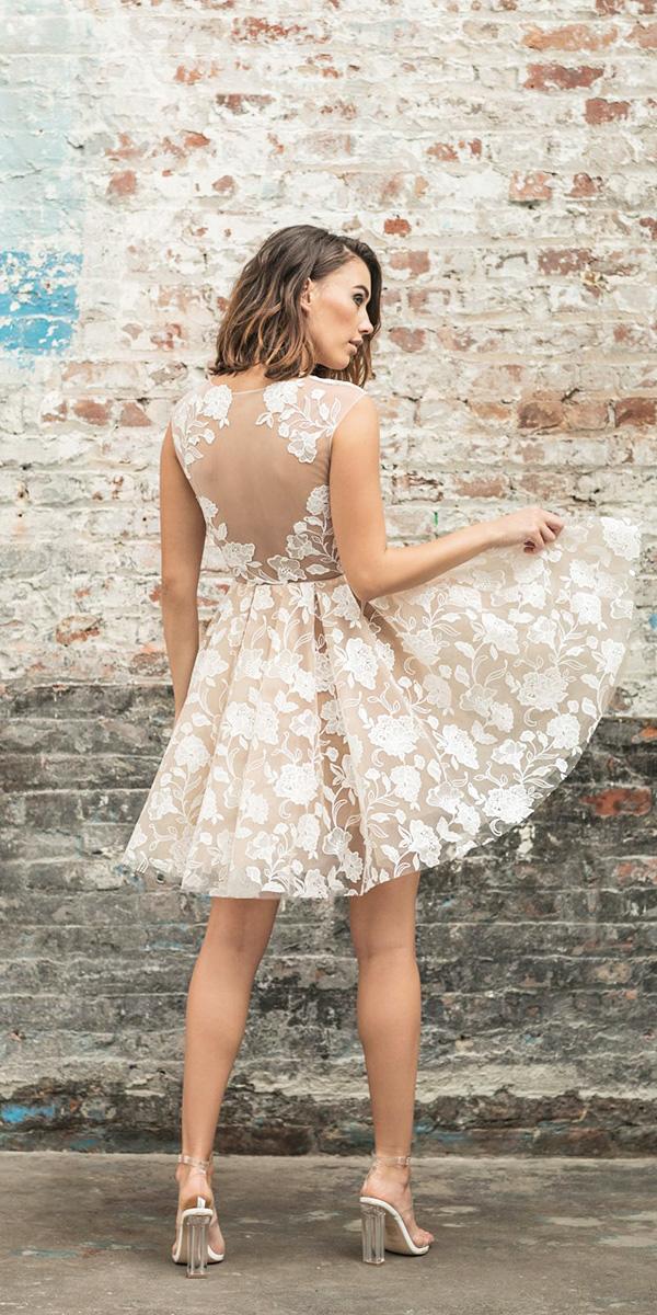 rime arodaky wedding dresses illusion back short skirt blush floral embellishment