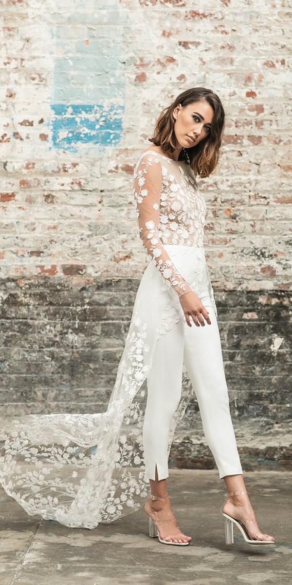 rime arodaky wedding dresses pantsuit floral top train with slleves