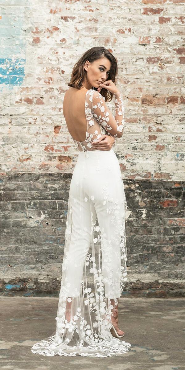 rime arodaky wedding dresses trousers low back floral train with illusion long sleeves