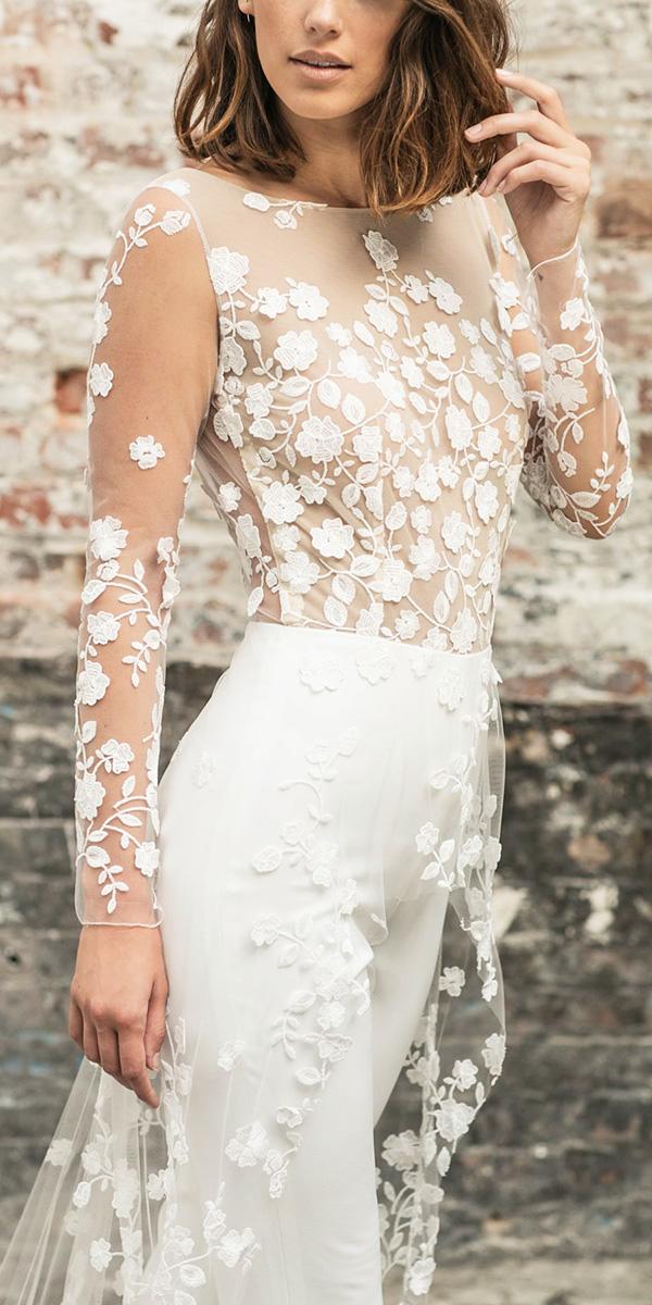 rime arodaky wedding dressesfloral top with illusion sleeves