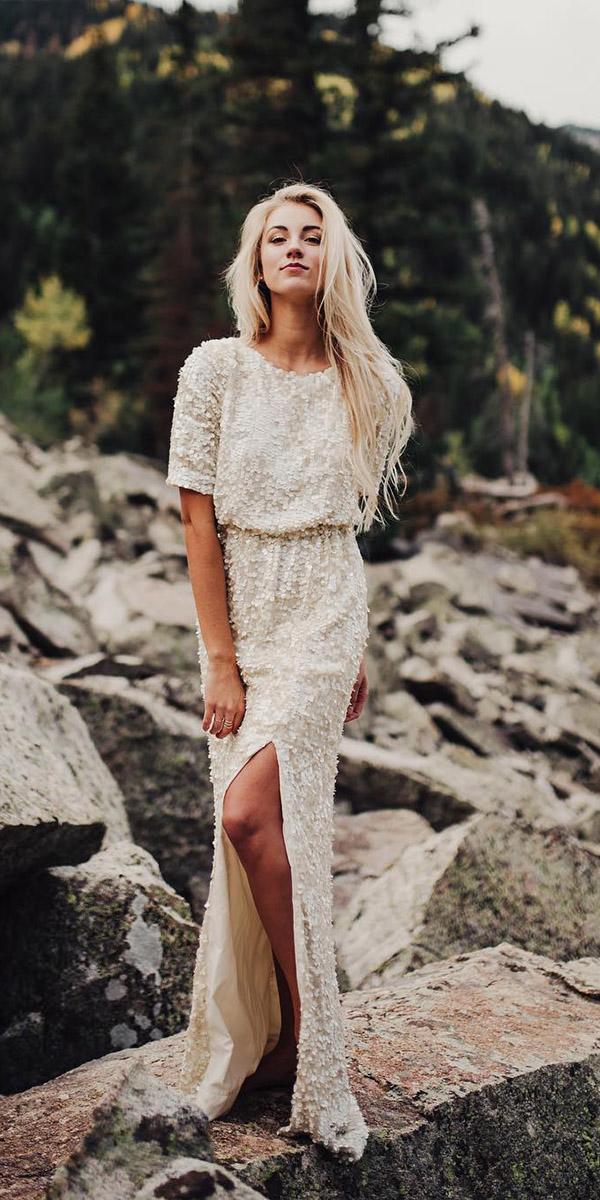 romantic bridal gowns sheath with sleeves beach breelena