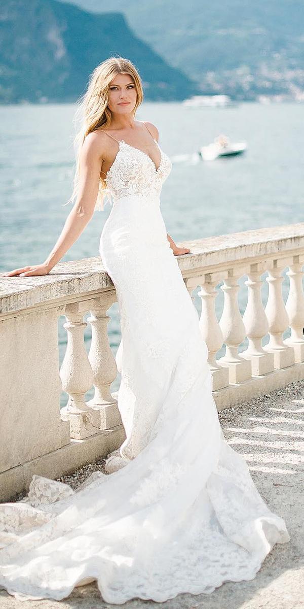 romantic bridal gowns with spaghetti straps beach train olena galaziuk photography