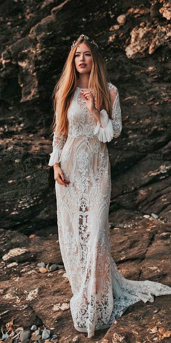 romantic vintage wedding dresses close neckline lace long sleeves sheath immaclenovias