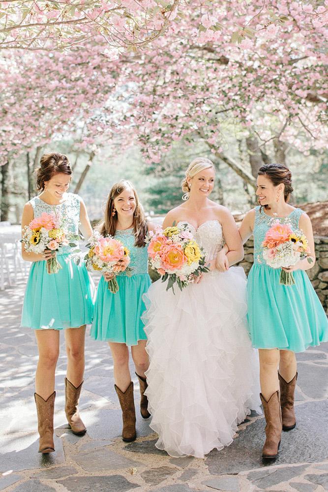 teal bridesmaid dresses with cowboy boots