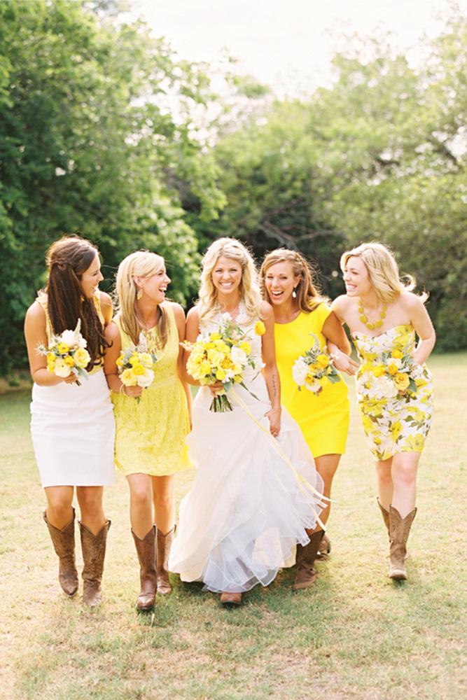 rustic bridesmaid dresses short yellow floral with boots ryan ray