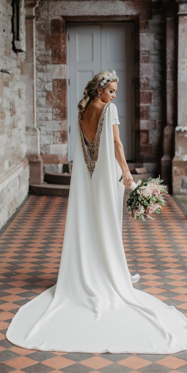 simple vintage wedding dresses low back short sleeves embroidered backless with train paulamcmanus