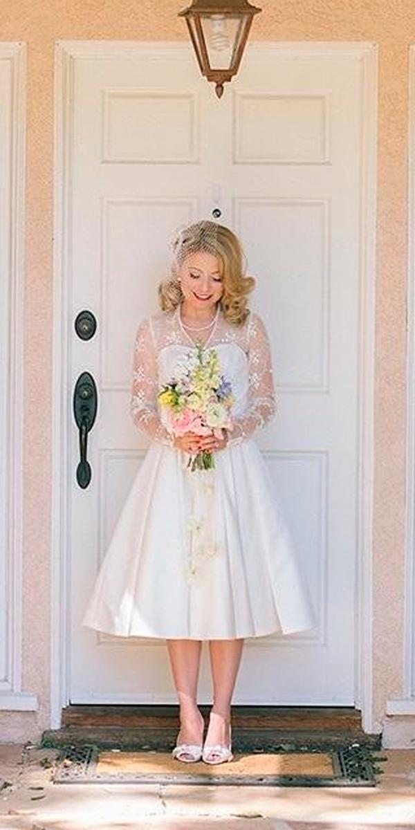 tea length vintage wedding dresses lace illusion neckline long sleeve elizabethburgi