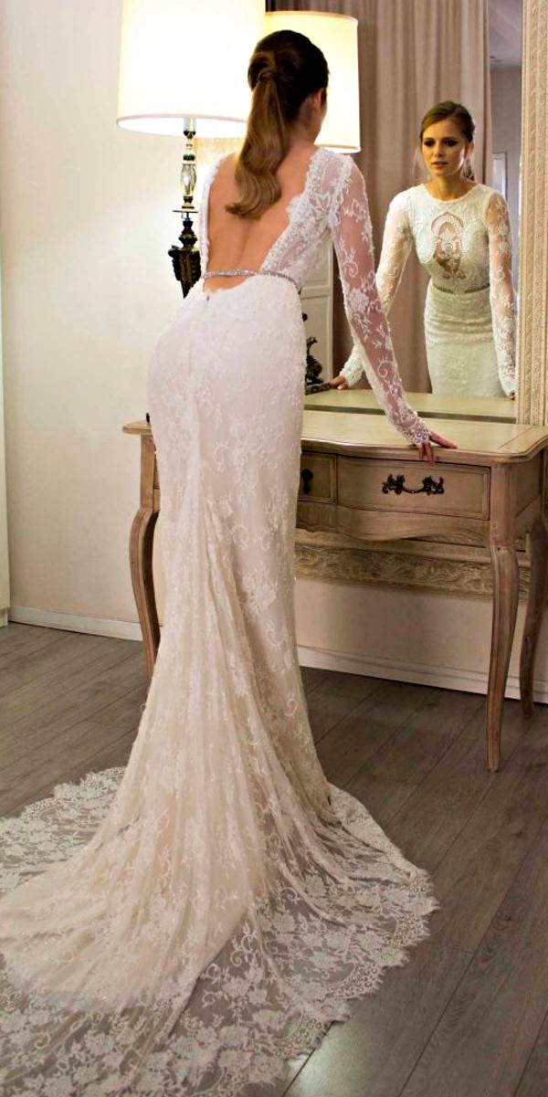 vintage wedding dresses sheath lace low back illusion long sleeve with train biren zweig bridal