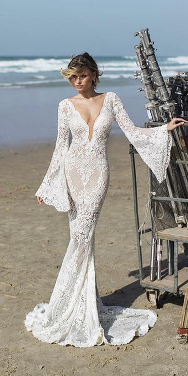  vintage weddng dresses mermaid deep v neckline with long sleeves beach mariée