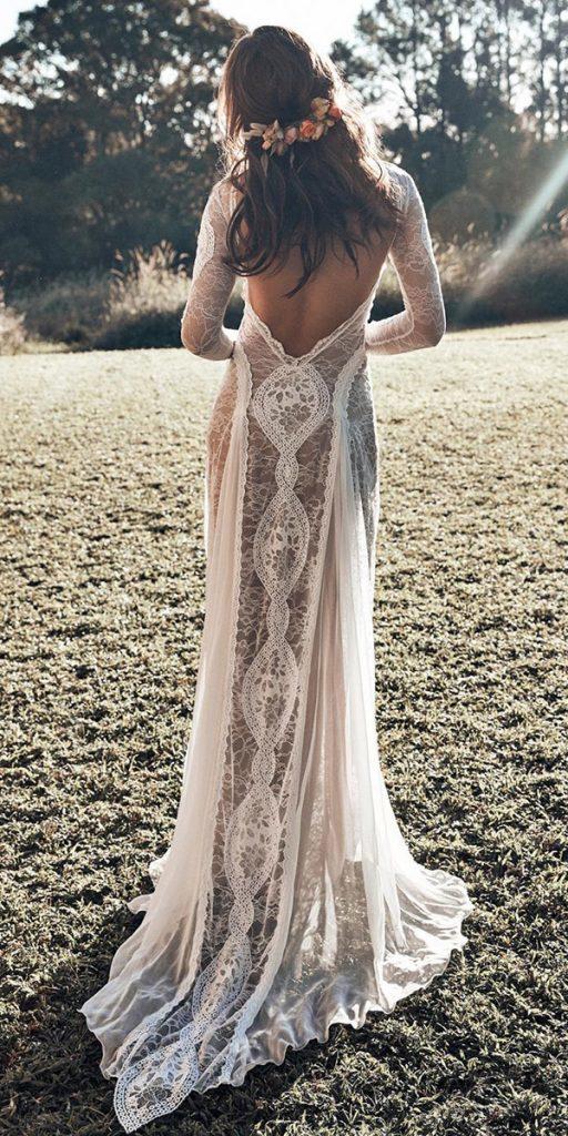 wedding dresses 2018 sheath open back with long sleeves grace love lace