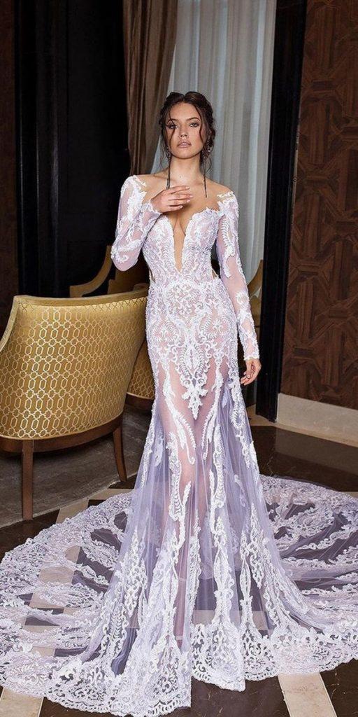 wedding dresses 2018 sheath with long sleeves deep v neckline lace dimitrius dalia