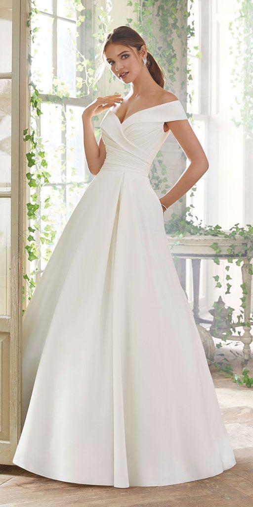 white elegant gowns a line simple off the shoulder v neckline morilee