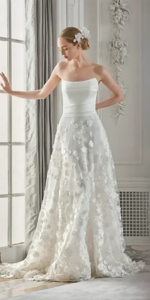white elegant gowns a line strapless neckline floral appliques sareh nouri