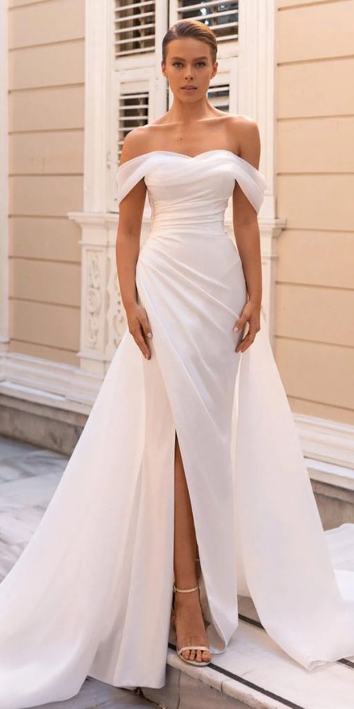  white elegant gowns sheath strapless neckline daria karlozi