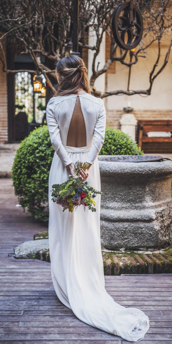 white elegant gowns simple with sleeves a line back outoor estudio mj