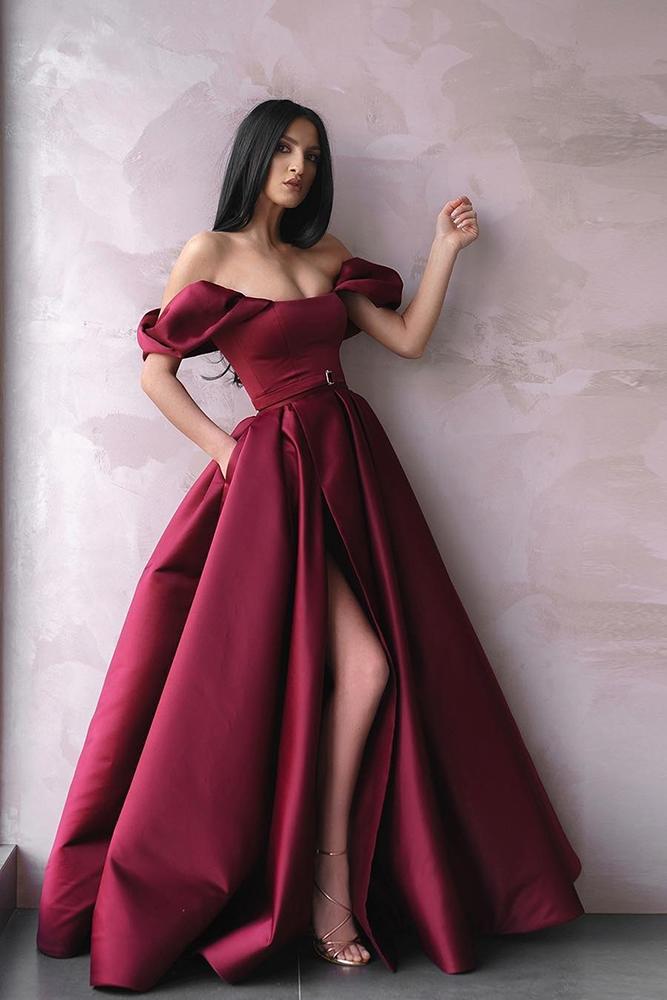  burgundy bridesmaid dresses a line puff off the shoulder sleeves liastubllaofficial