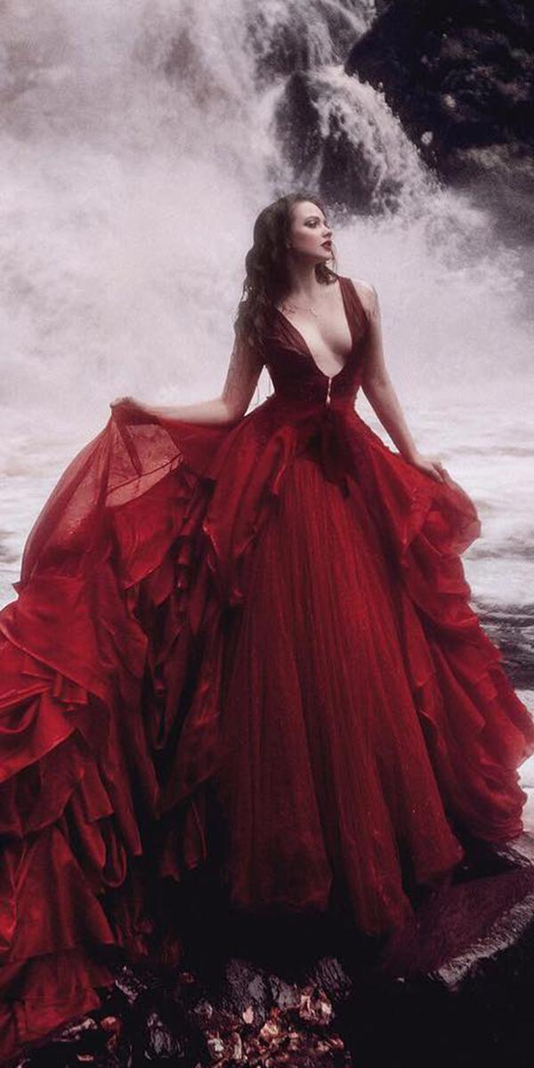 Gothic Wedding Dress A-Line Deep V-Neckline Red Malyarova Olga