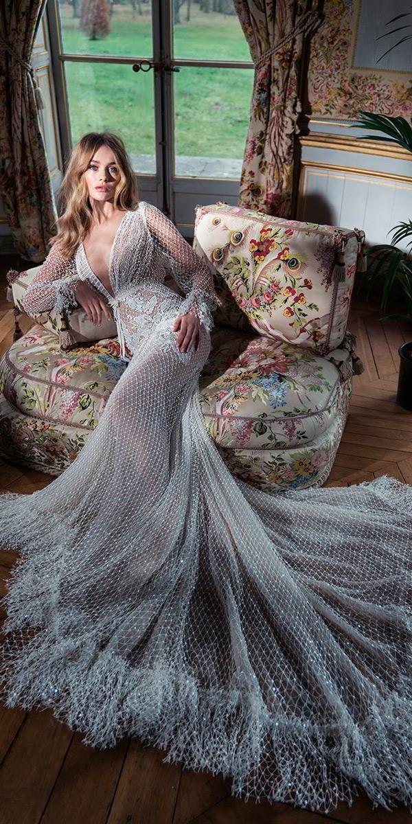 long poet sleeves deep v neck full embellishment elegant sexy fit and flare vintage wedding dresses 1920s inbal dror