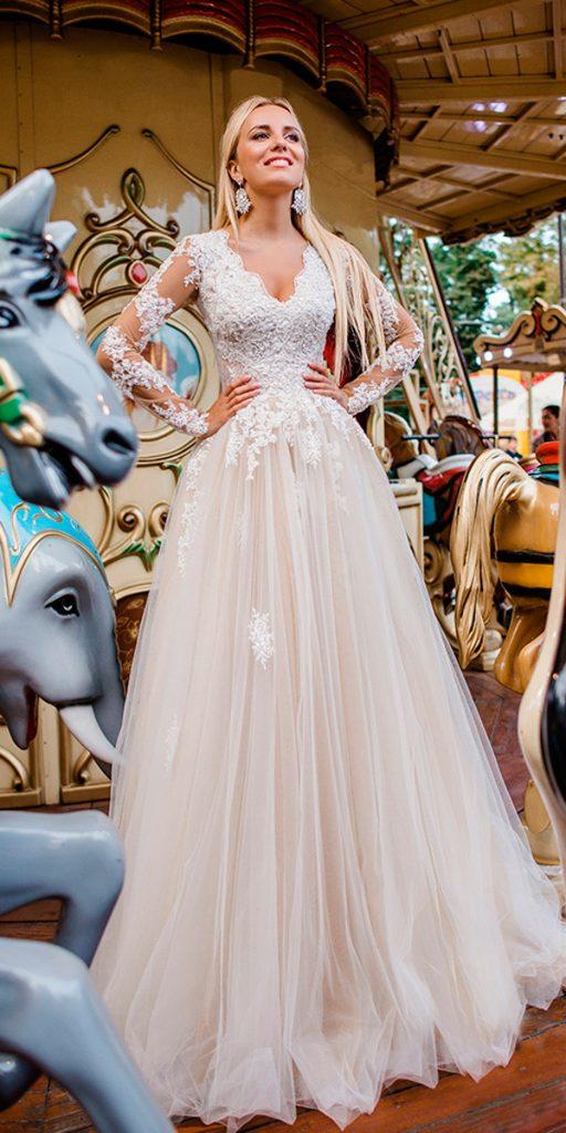 long sleeve wedding dresses a line blush v neckline lace illusion sleeves oksana mukha