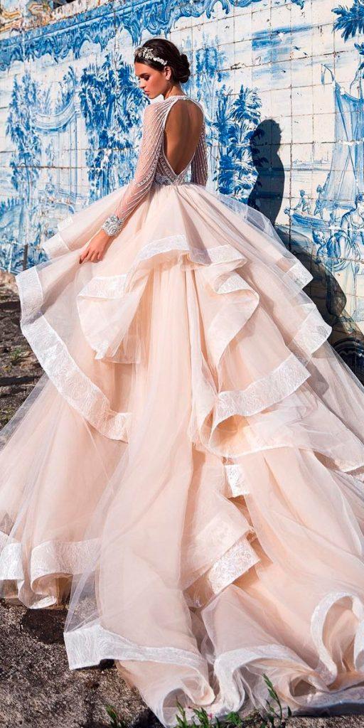 long sleeve wedding dresses blush ball gown open back lace with ruffled skirt milla nova