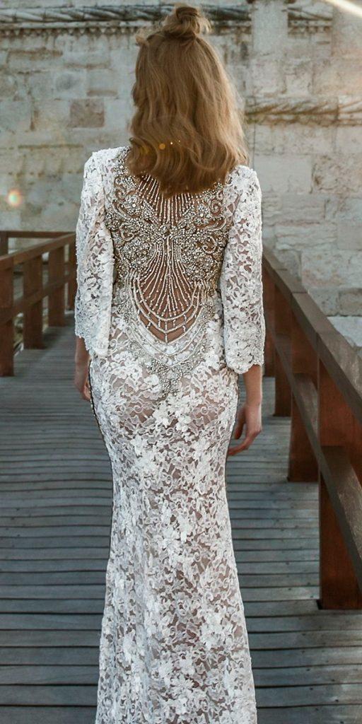 long sleeve wedding dresses full embellishment elegant sexy sheath covered lace back sweep train netta benshabu