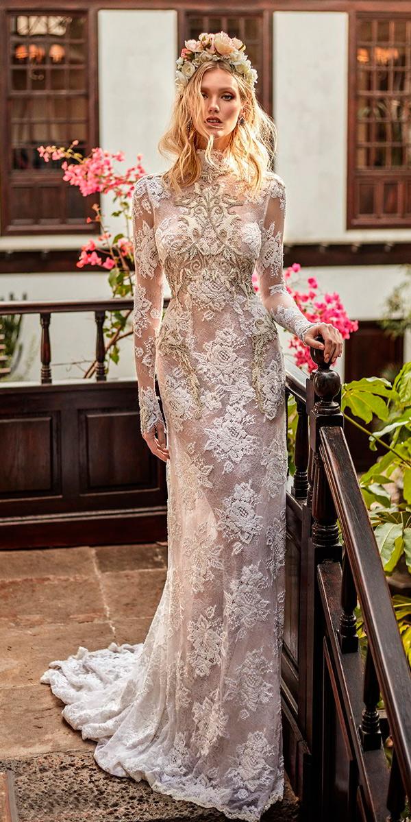 Long sleeve wedding dresses high neck full lace embellishment elegant sheath galia lahav