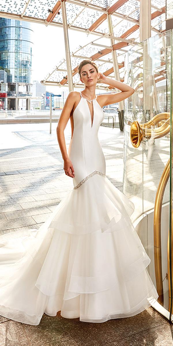 mermaid wedding dresses jewel neckline deep v neckline ruffled skirt eddy k