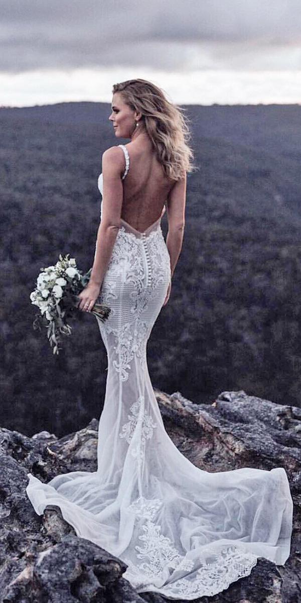 mermaid wedding dresses straps buttons with train pallas couture