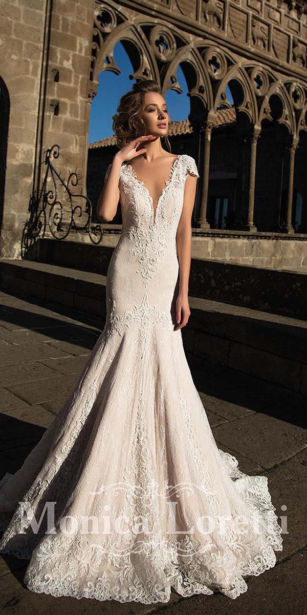 monica loretti wedding dresses mermaid with cap sleeves deep v neckline