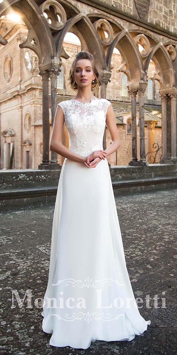 monica loretti wedding dresses sheath with cap sleeves floral appliques romantic