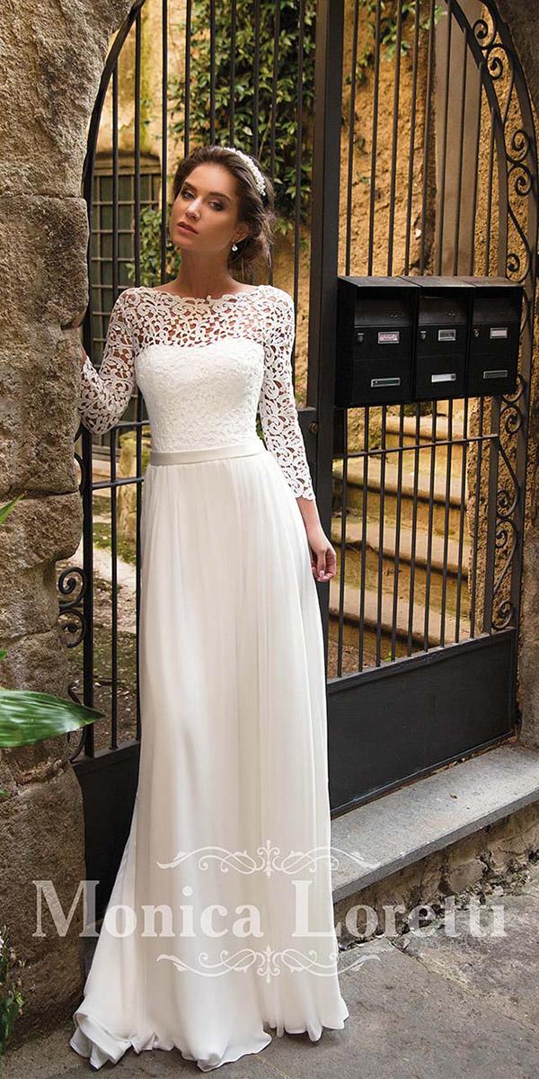 monica loretti wedding dresses sheath with long sleeves lace top