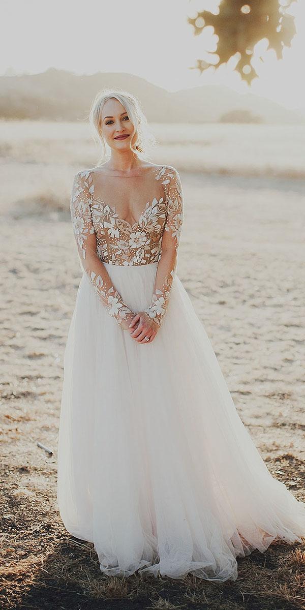 rustic lace wedding dresses a line illusion neckline nude floral hayley paige