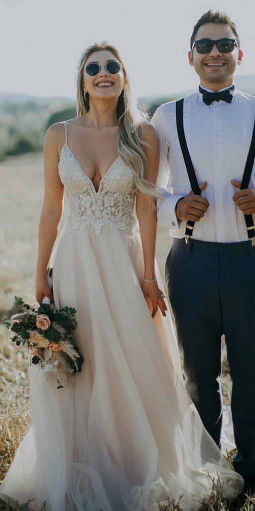 rustic lace wedding dresses a line with straps top flowy oleg cassin