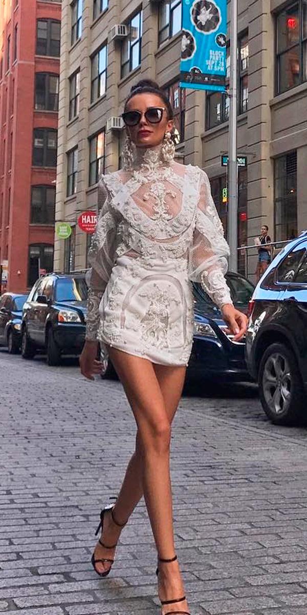 short vintage wedding dresses 1920s high neckline lace long sleeves embroidered bodice zuleyhakuru